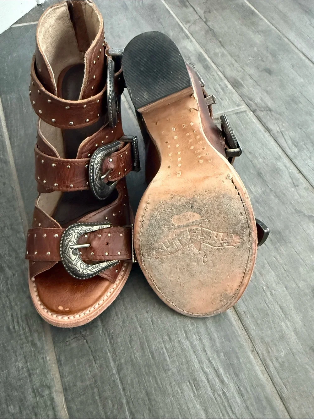 freebird Brown Studded Leather Heeled Buckle Boots - Picture 3 of 3